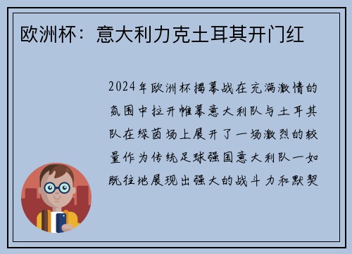 欧洲杯：意大利力克土耳其开门红